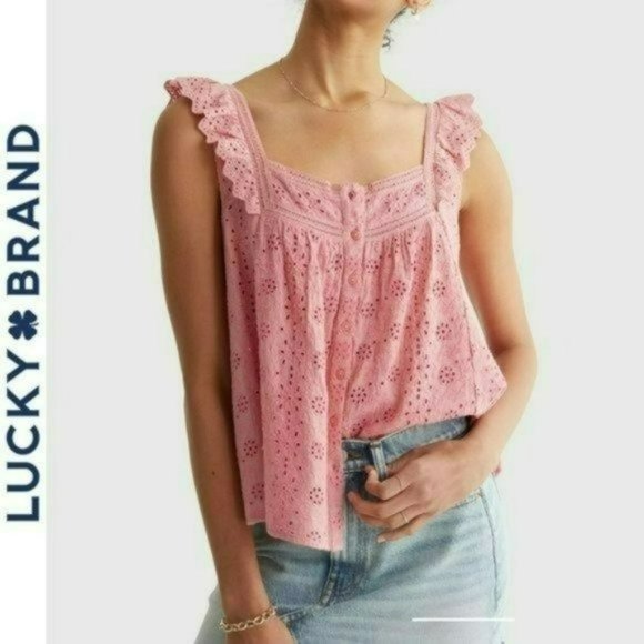 Lucky Brand Tops - NWT Lucky Brand Embroidered Ruffle Button Down Tank Top